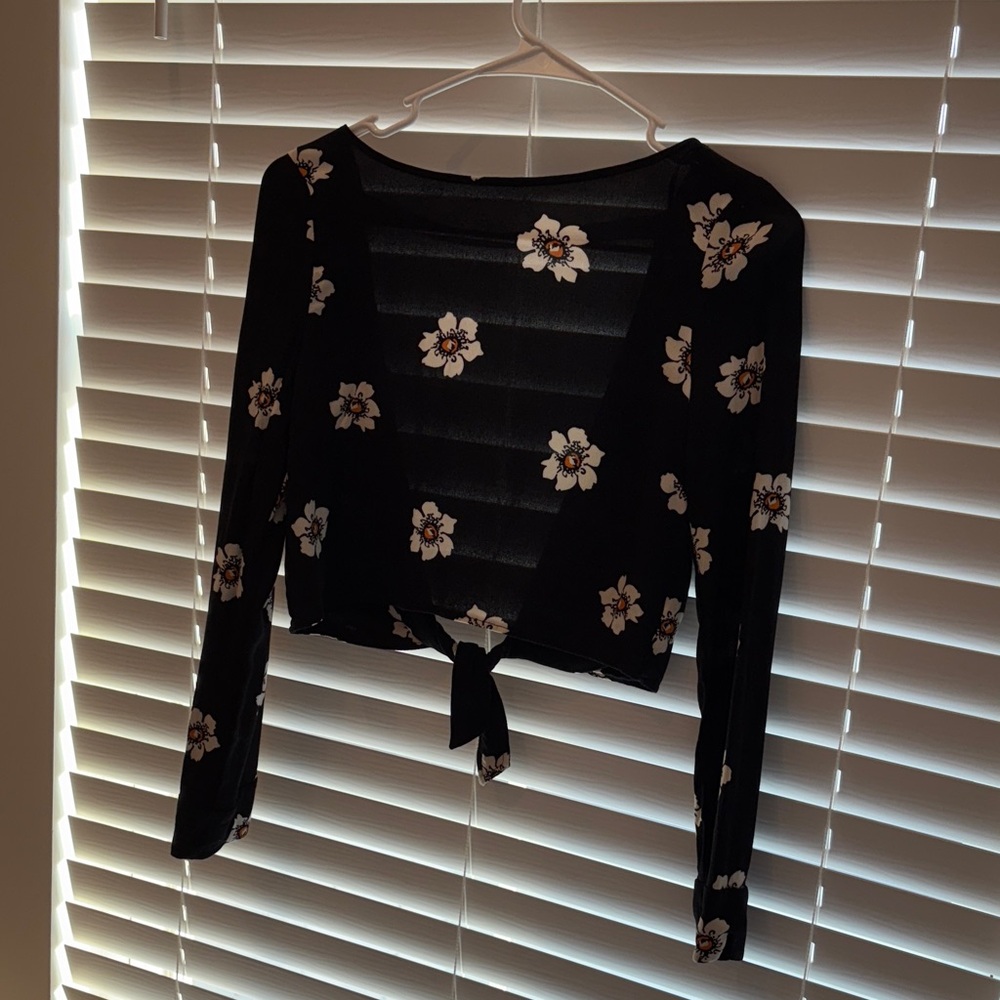 Elegant Black Floral Tie-Front Blouse